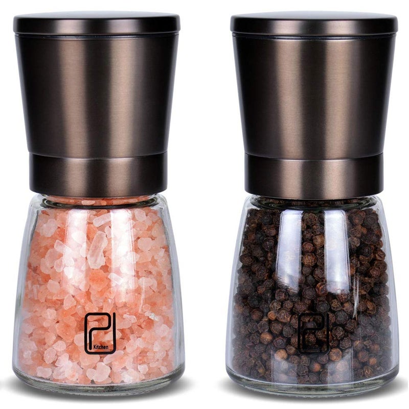 PJCKitchen Premium Black Stainless Steel Salt and Pepper Grinder Set With Stand in Bamboo Wood - Gunmetal Salt and Pepper Shakers with Adjustable Coarseness - Bronze Pepper Mill and Salt Grinders Shaker set - Image 1